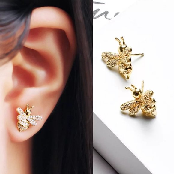 14k Gold Queen Bee Diamonds Stud Earrings Sterling Silver - Picture 8 of 12